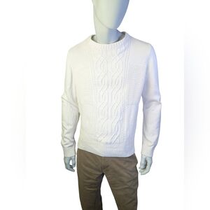 Ben Sherman White Cable Knit Cotton Sweater, Men's L - Mod Preppy